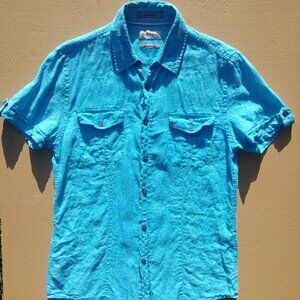 100% linen bright blue Mens linen shirt tailored fit approx Small